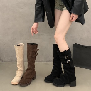 棕色高筒长靴 新款 两穿可拆卸复古高跟靴子厚底粗跟裤 管靴女秋冬季