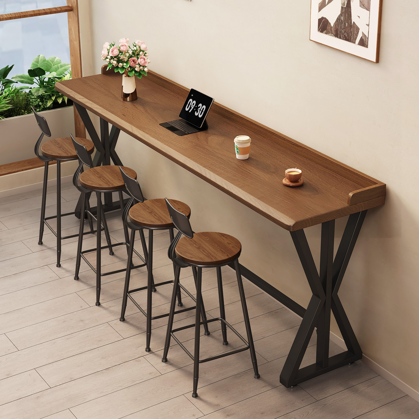 实木吧台桌带挡边简约现代阳台办公室靠墙高脚桌咖啡厅休闲长条桌