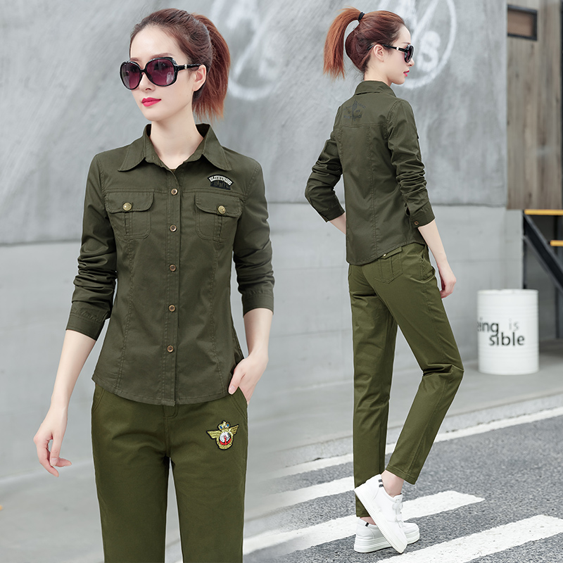 春秋新款户外迷彩工作服衬衣女军绿色翻领polo潮韩版休闲长袖衬衫