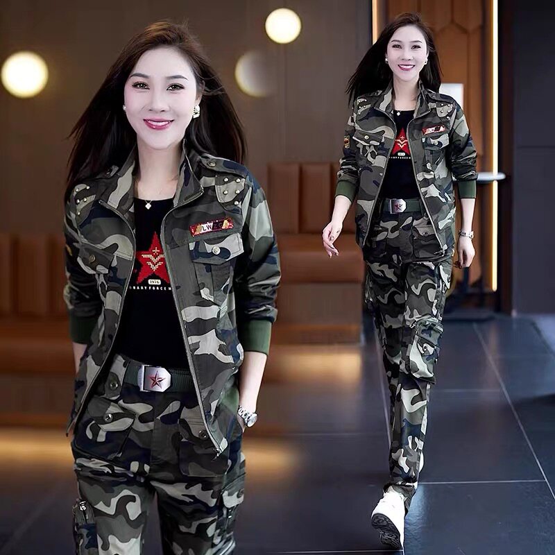 新款2026迷彩服女工装套装春秋运动休闲多口袋军绿长裤户外三件套