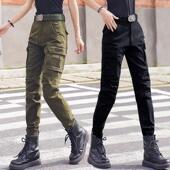 多袋不缩水耐磨秋冬新品 女弹力显瘦休闲裤 裤 户外高腰束脚军迷工装