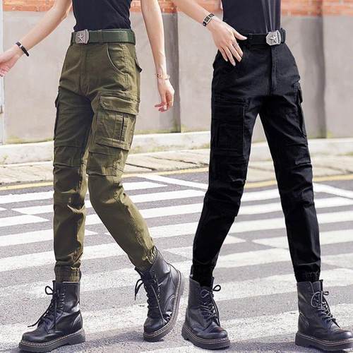 高腰束脚军迷工装裤女弹力显瘦