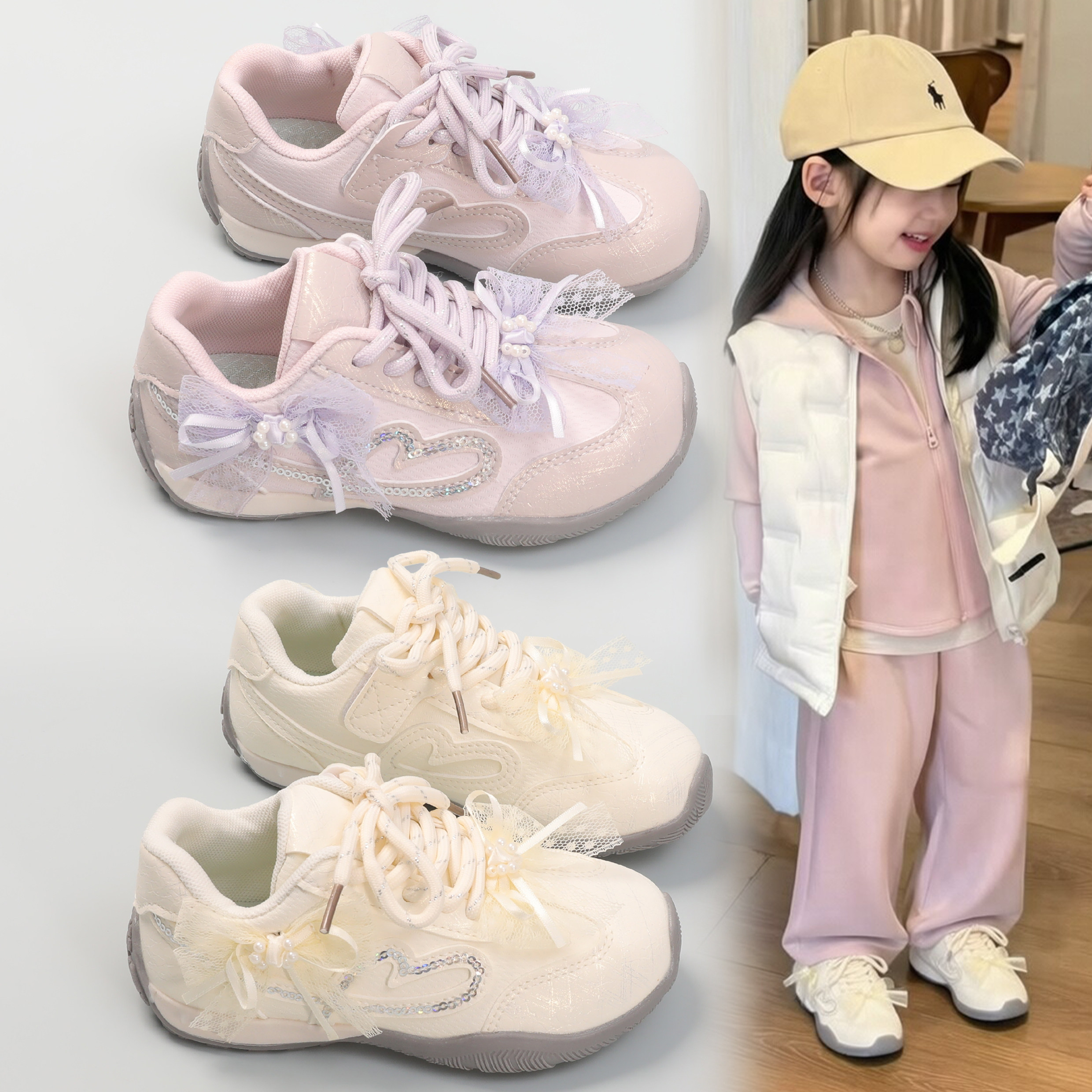 女童时尚韩版甜美德训鞋2026春秋季新款蝴蝶结洋气百搭运动休闲鞋
