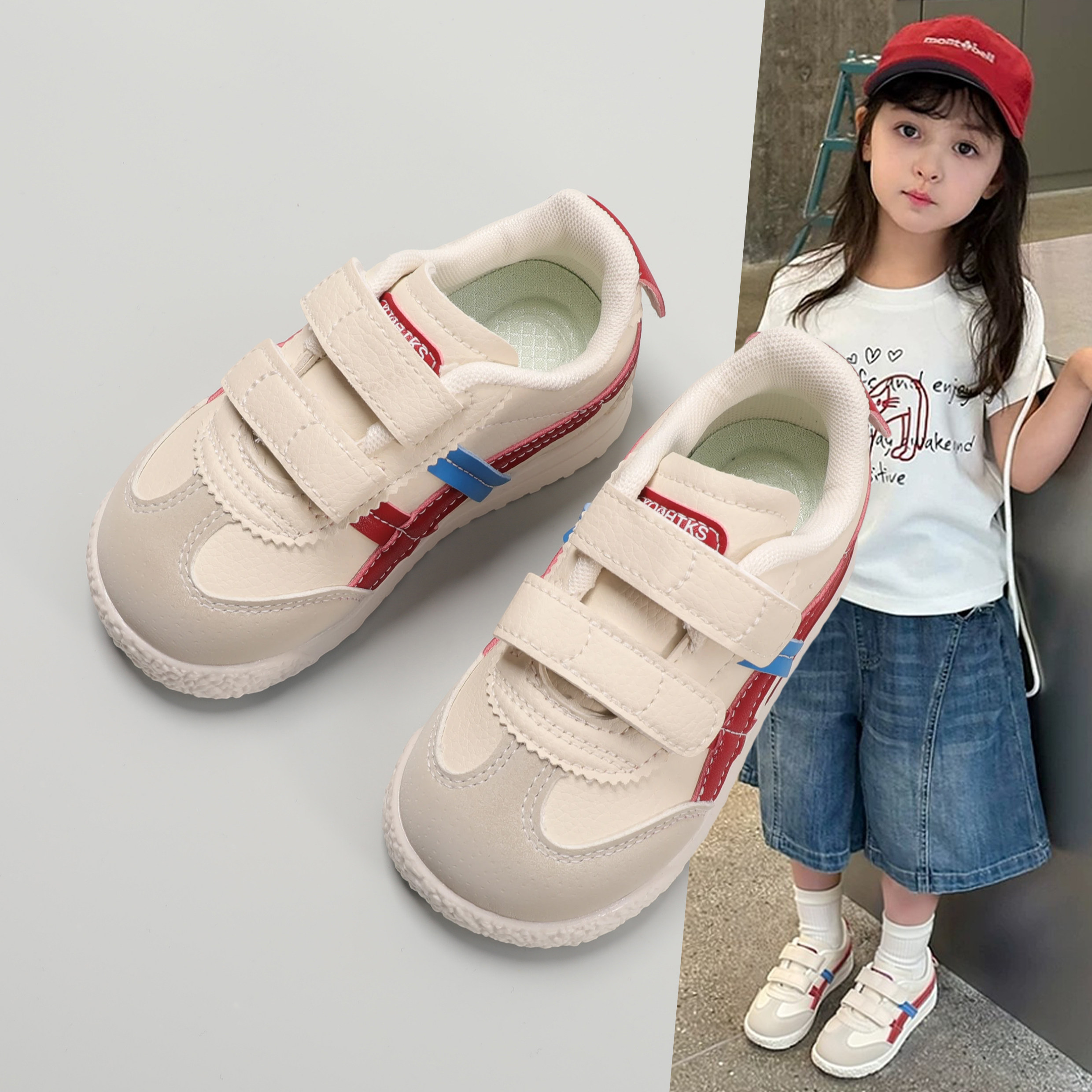 女童甜美风魔术贴运动鞋男童2026春秋季新款运动休闲百搭阿甘鞋潮
