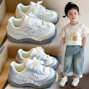 芭蕾风蕾丝小白鞋女童配裙子休闲运动鞋显脚小平底板鞋白色休闲鞋