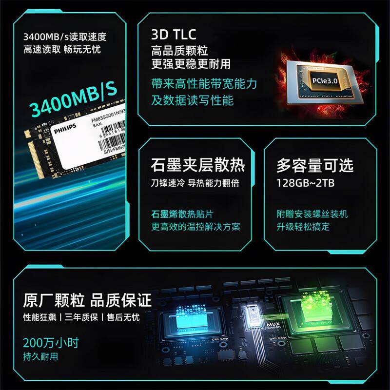 飞利浦SSD固态硬盘M.2PCle3.0NVMe适用一体机台式机笔记本电脑