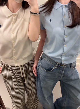 2026夏季新款刺绣蓝色翻领针织短袖T恤女休闲百搭上衣