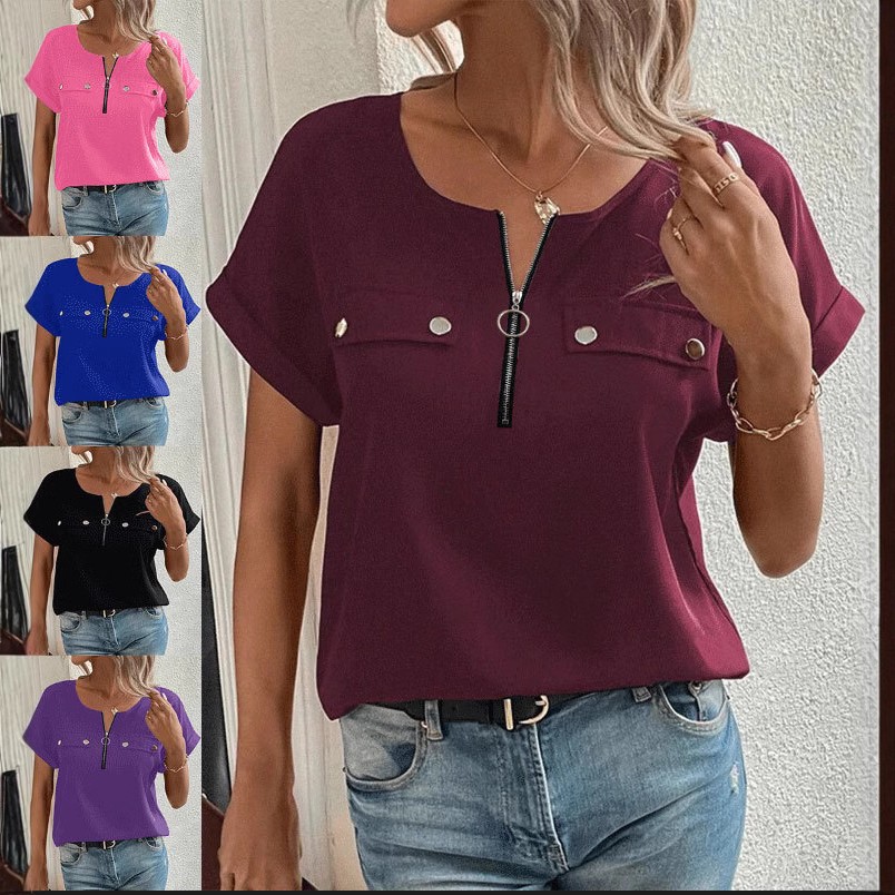 欧美亚马逊新品春夏纯色拉链衬衫纽扣上衣女时尚休闲恤女装