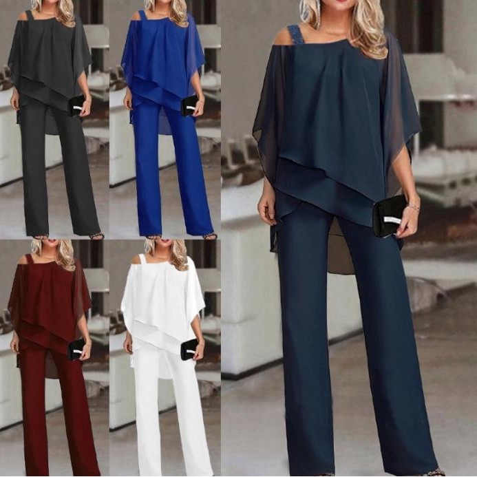 蝙蝠袖上衣长裤女休闲露肩不规则派对套装优雅两件套春夏秋