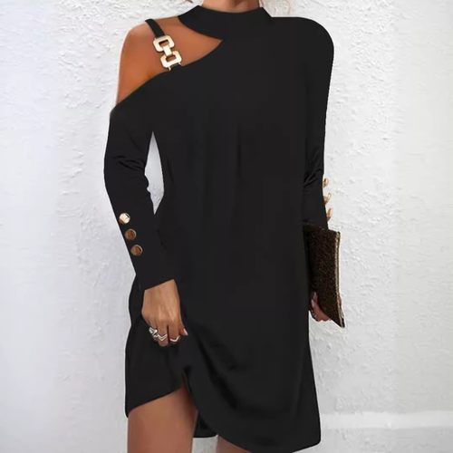 独立站亚马逊爆款 秋季简约金属扣挂脖纽扣连衣裙女装