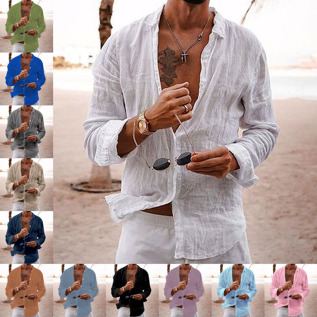 跨境外贸货源衬衫男新款纯色宽松单排扣翻领棉麻长袖上衣衬衣