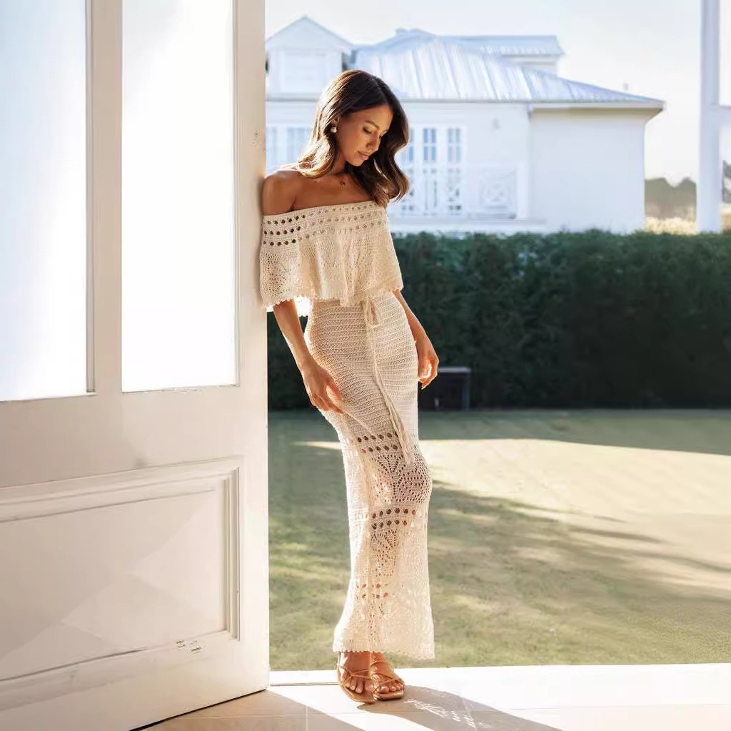 俄罗斯速卖通独立站新款女装 时尚休闲镂空系带披肩连衣裙 长裙