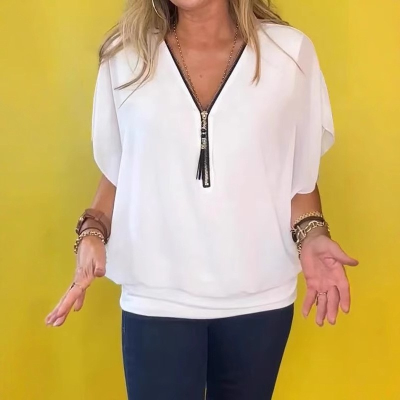 现货跨境女装亚马逊拉链上衣透视透气雪纺衫大码女装宽松休闲短袖