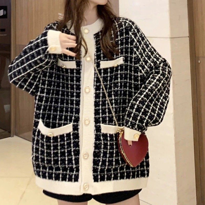 韩版小香风毛衣格子夹金丝外套女秋冬新款撞色慵懒风宽松针织开衫,个性定制/设计服务/DIY,连衣裙加工定制,淘宝优惠券,粉丝福利购,淘宝优惠卷