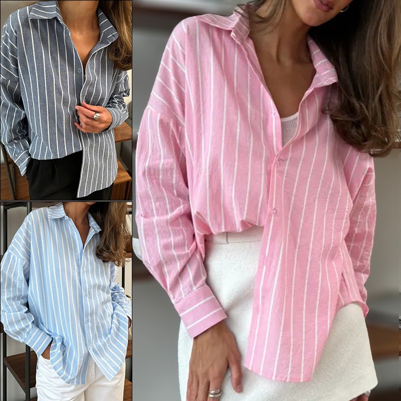 欧美跨境亚马逊外贸秋冬新款长袖开衫外套女条纹衬衫女装