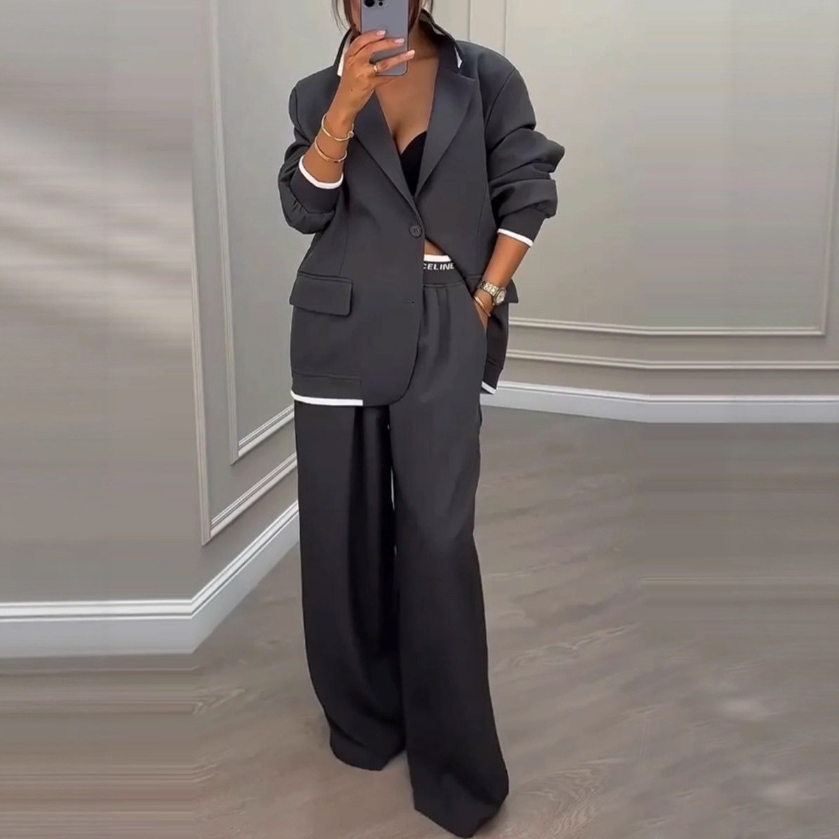 欧美跨境秋冬新款女装亚马逊气质长袖外套休闲阔腿裤西装套装