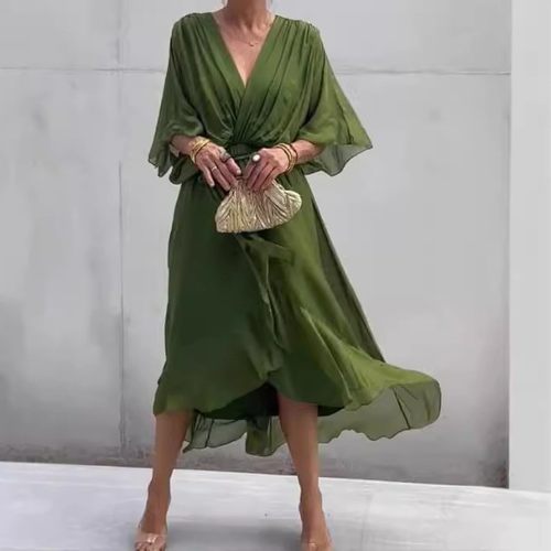 新款欧美女装跨境亚马逊纯色系带长裙蝙蝠袖不规则连衣裙大码