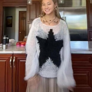 亚马逊速卖通欧美马海毛星星毛衣女新品时尚圆领套头针织衫