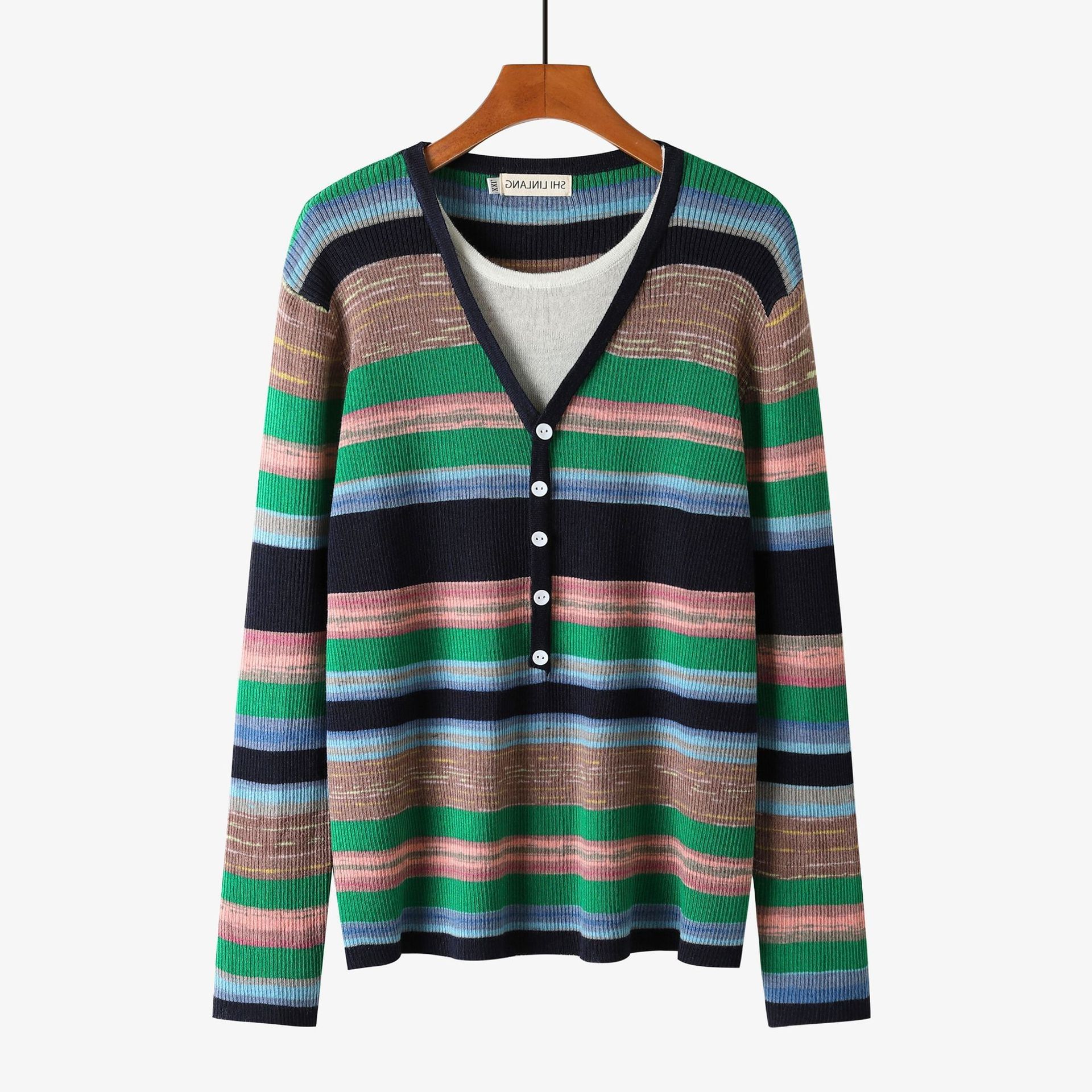 高品质段染大码女装秋冬新款女士羊毛衫 假两件条纹套头上衣