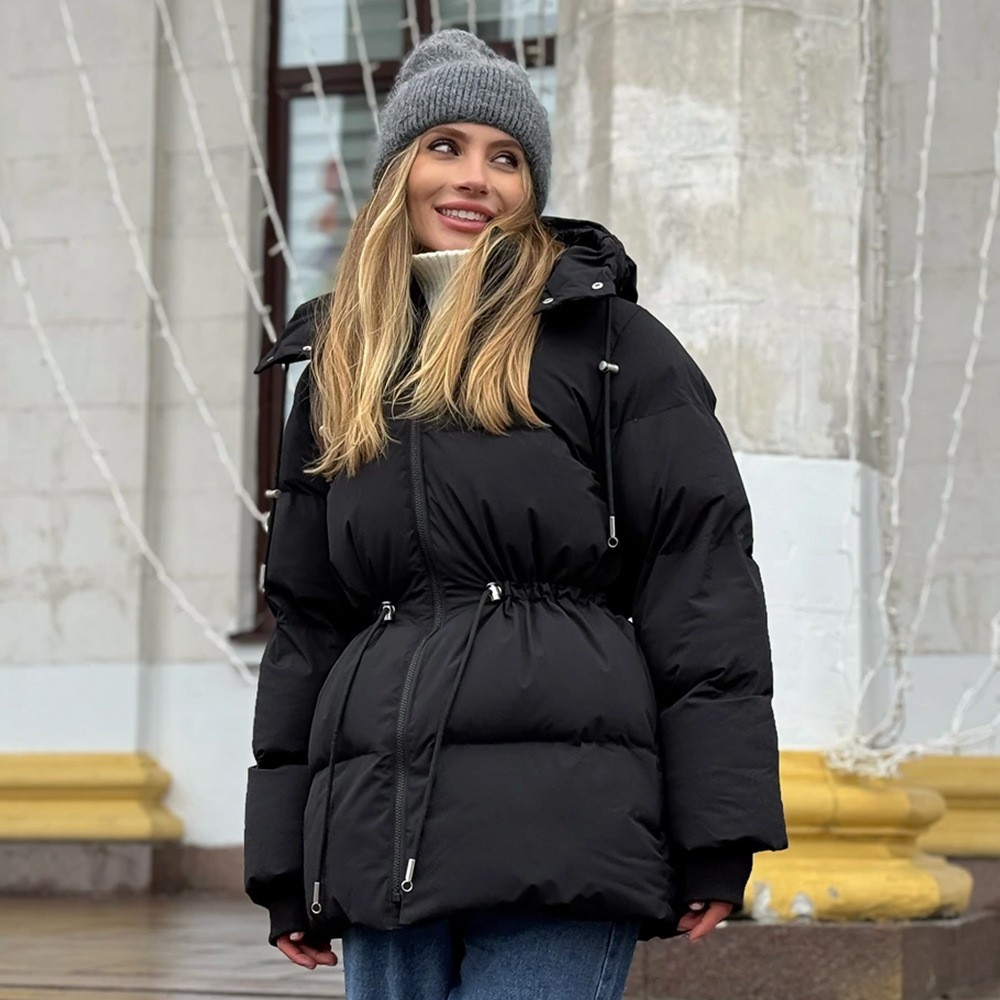 欧美连帽中长款棉服外套女欧美年冬季新款抽绳收腰显瘦棉服女