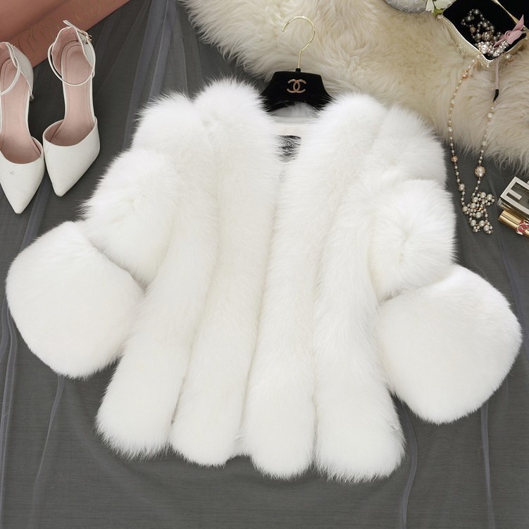 跨境新款仿皮草女装外套仿狐狸毛短款拼接七分袖人造毛皮草一件代