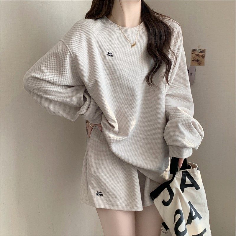 跨境华夫格休闲运动套装女实拍春秋宽松长袖卫衣阔腿短裤两件套,个性定制/设计服务/DIY,连衣裙加工定制,淘宝优惠券,粉丝福利购,淘宝优惠卷