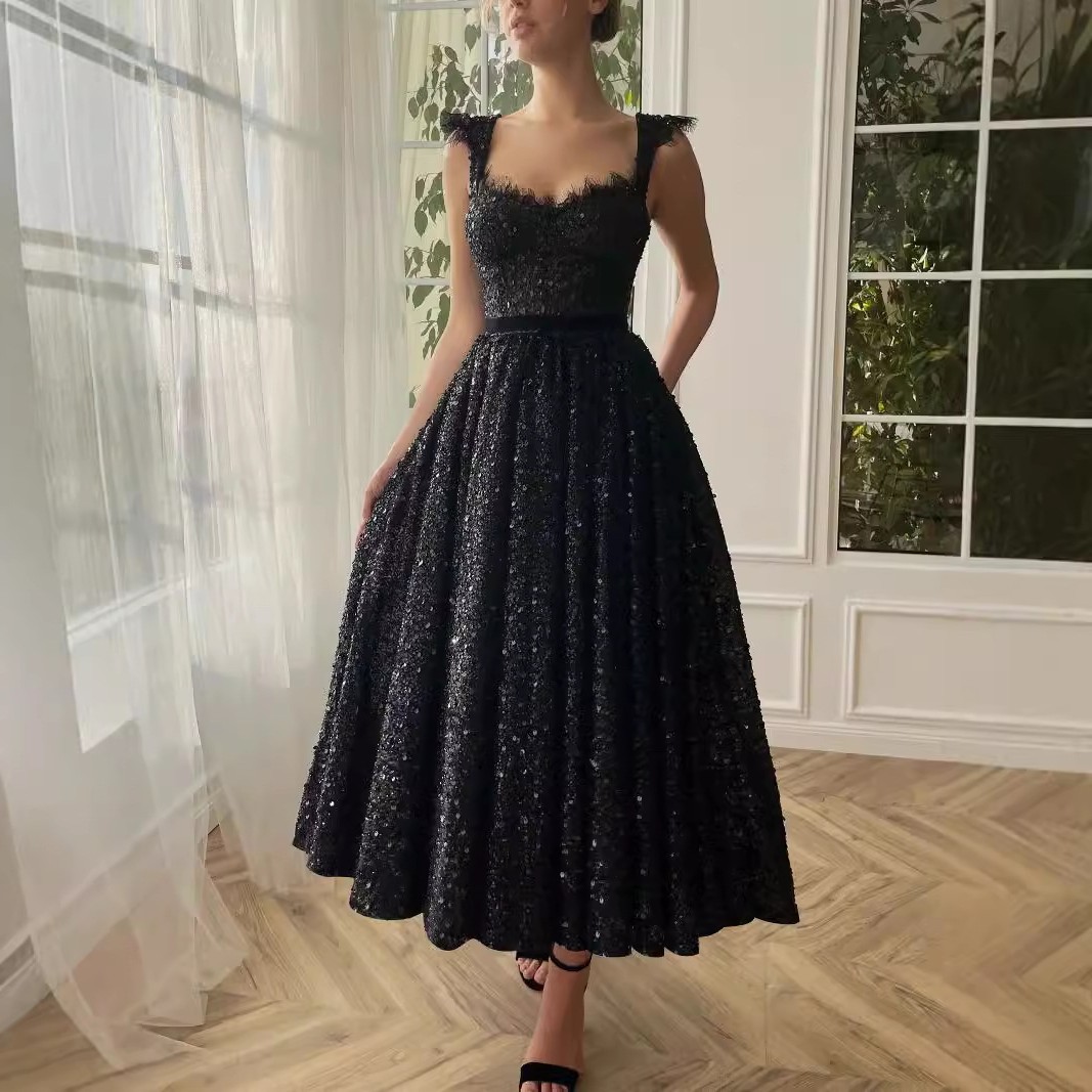 欧美跨境外贸新款女装亚马逊修身大码礼服连衣裙亮片中长裙