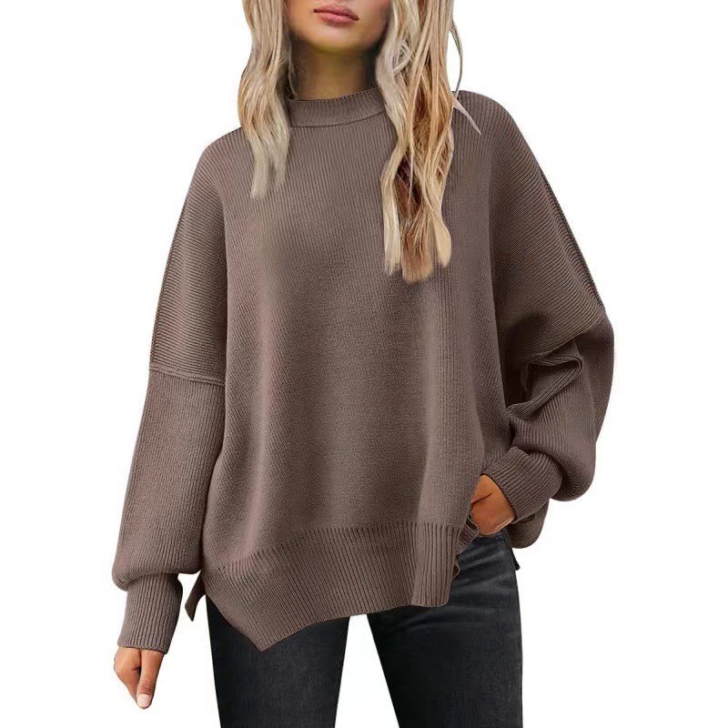 欧美女式圆领蝙蝠翼长袖毛衣 亚马逊秋季针织侧开衩套头衫
