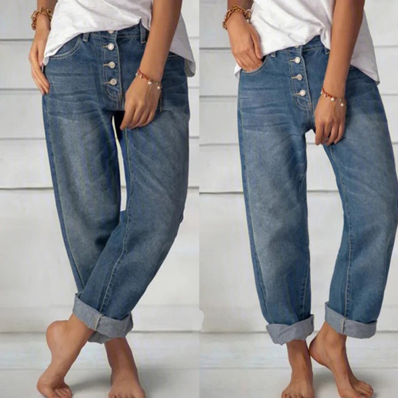 厂家直销跨境春秋新款宽松休闲百搭简约显瘦牛仔直筒裤女装