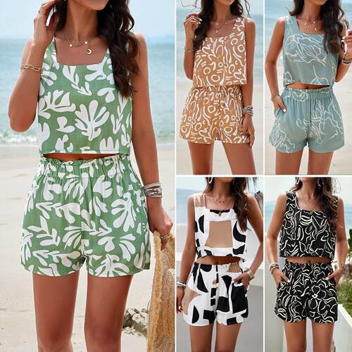 Summer Beach Vacation Print Tank Top Two Piece Set 度假套装