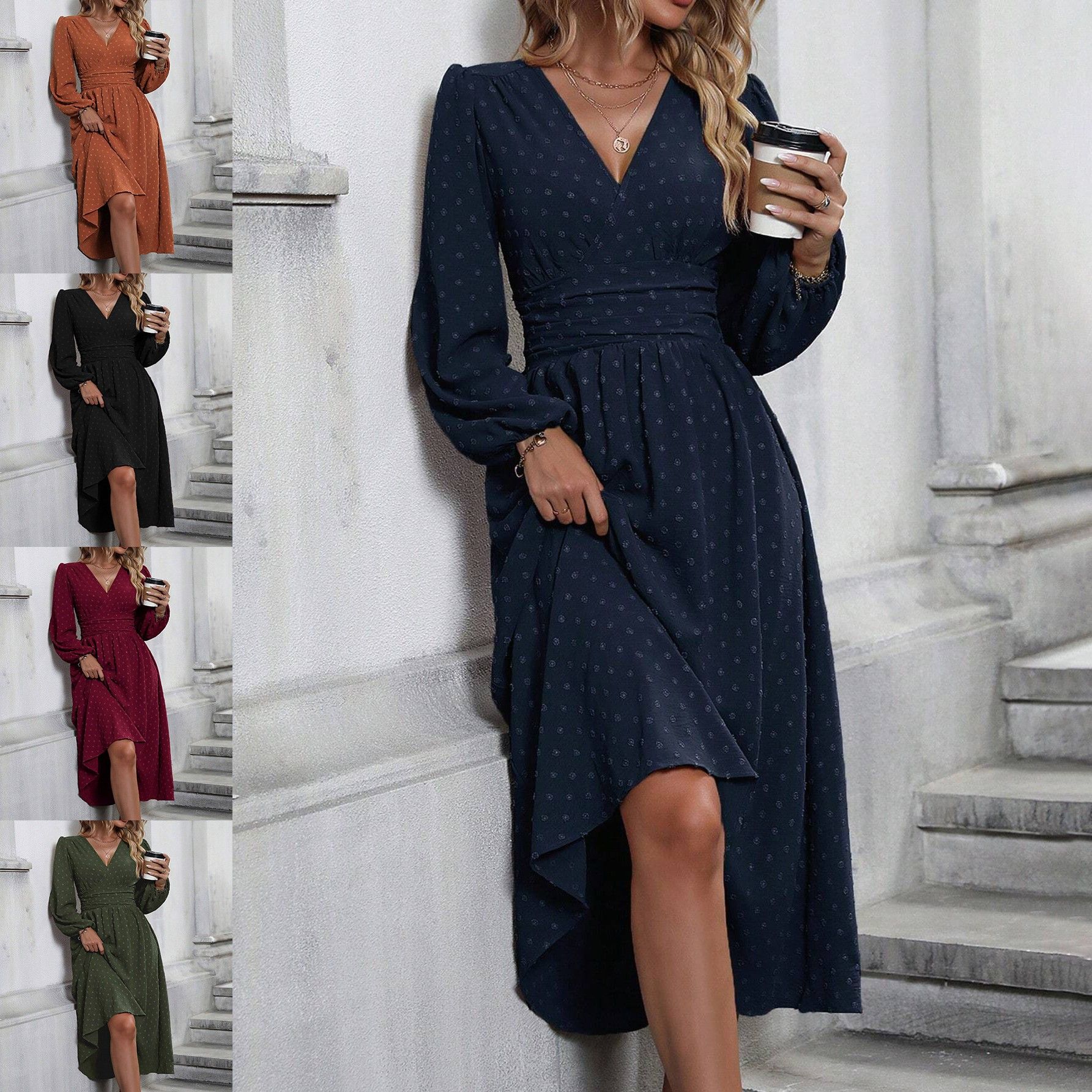 秋冬新款中毛球斜领灯笼袖褶饰腰部连衣裙