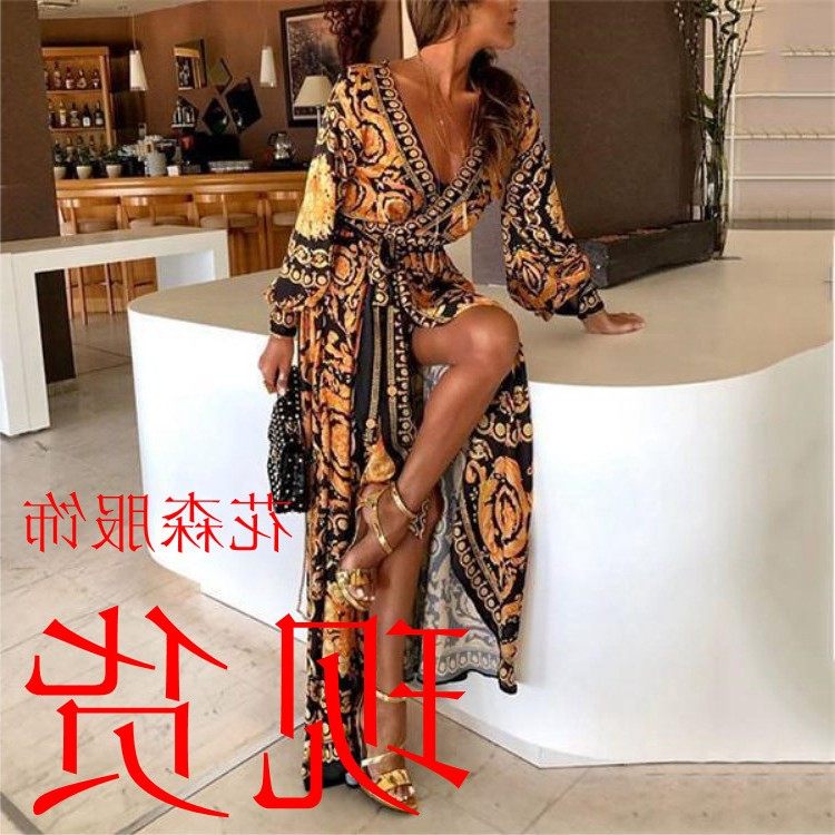 现货欧美复古印花连衣裙 领套头复古风长袖大摆开叉长,个性定制/设计服务/DIY,连衣裙加工定制,淘宝优惠券,粉丝福利购,淘宝优惠卷