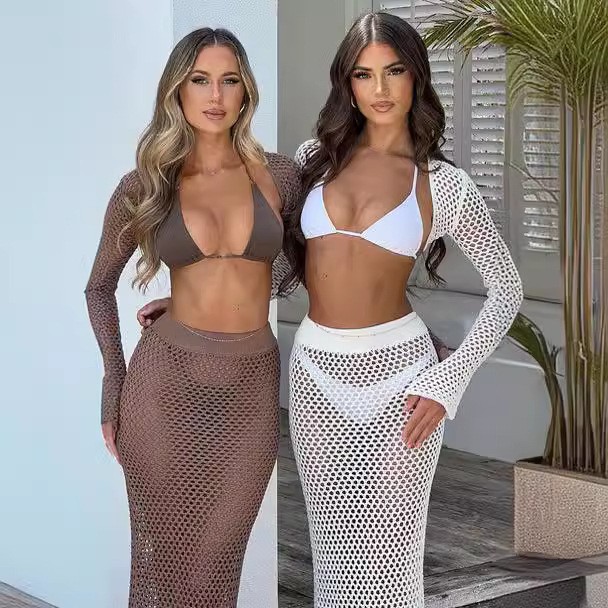 夏季新款海边度假防晒沙滩裙速卖通欧美性感镂空透视长袖针织套装