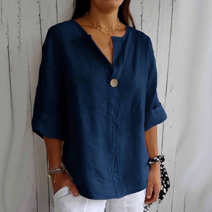 亚马逊跨境欧美夏季新款宽松恤衫舒适休闲领棉麻纽扣上衣女