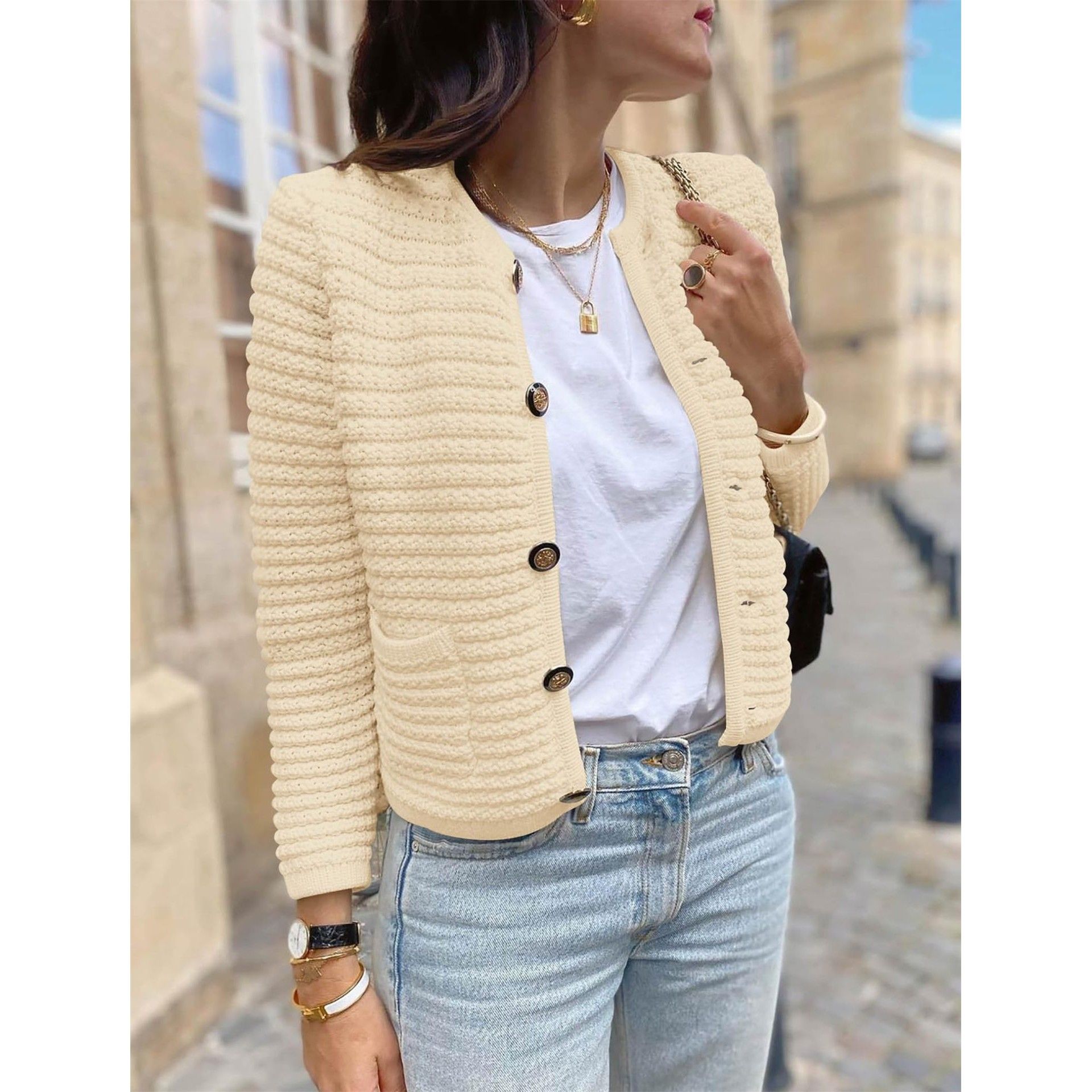 跨境欧美高级时尚秋冬新款小香风针织开衫气质毛衣百搭短款外套女