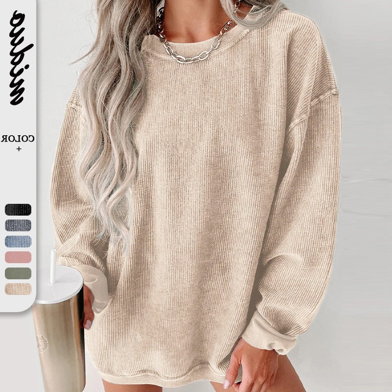 跨境欧美亚马逊秋冬新款舒适休闲套头宽松圆领时尚长袖卫衣女