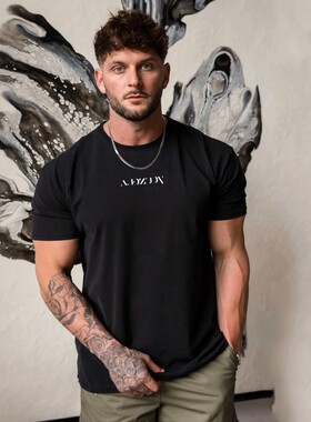Men's oversized T-shirt, muscle exercise, fitness, cott