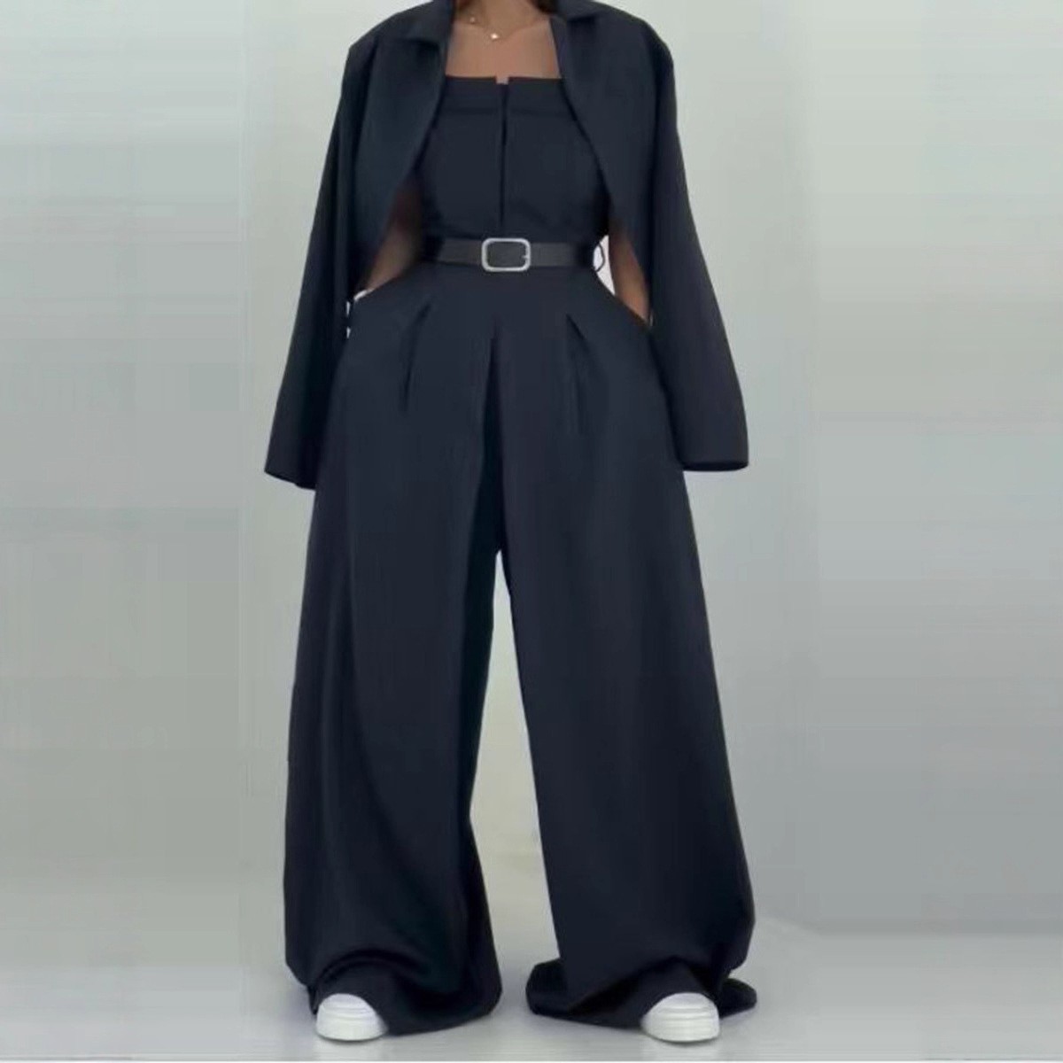 秋装新款独立站欧美跨境女装露肩连体裤夹克式外套通勤套装