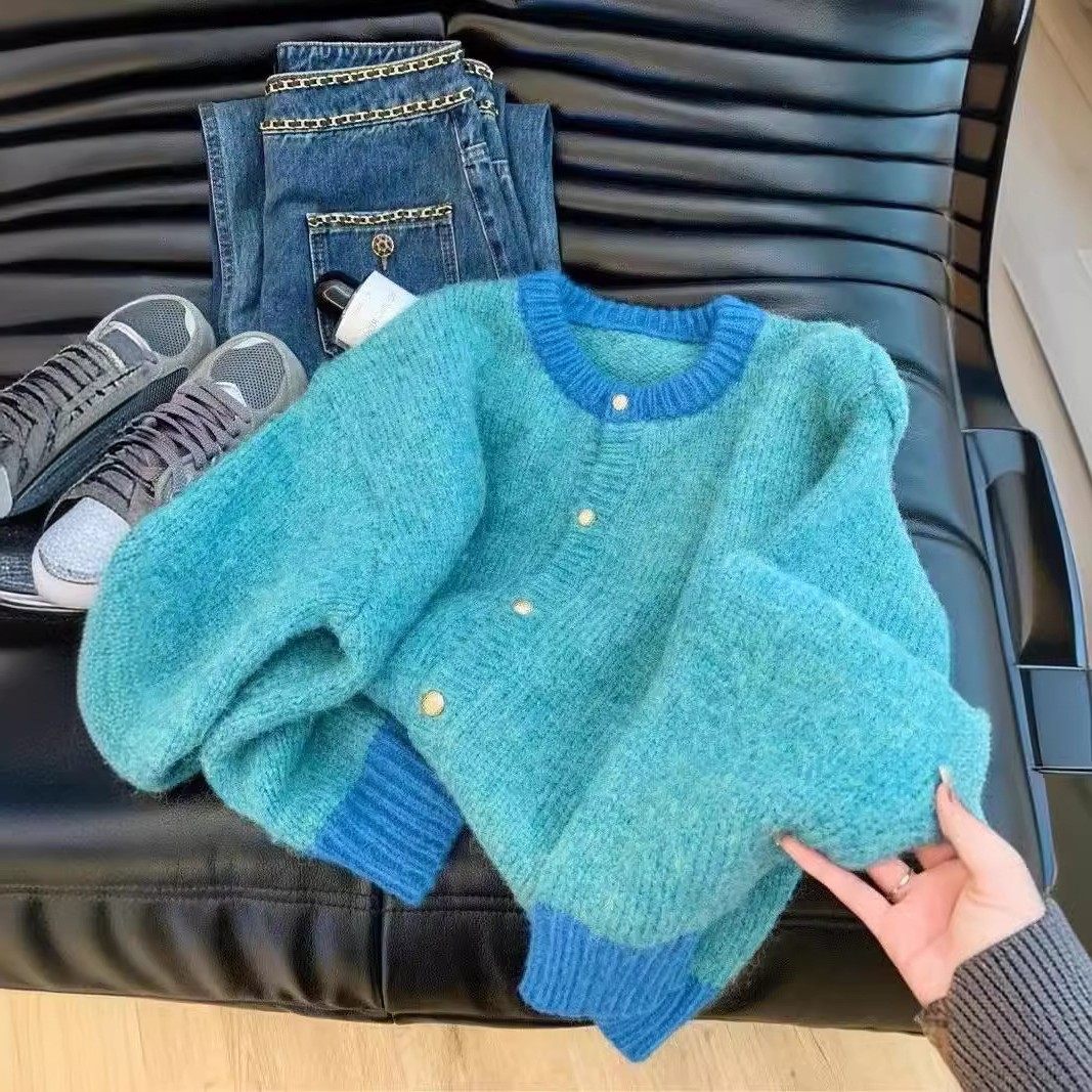 韩系设计感撞色圆领长袖针织开衫秋冬季慵懒软糯单排扣毛衣女,个性定制/设计服务/DIY,连衣裙加工定制,淘宝优惠券,粉丝福利购,淘宝优惠卷