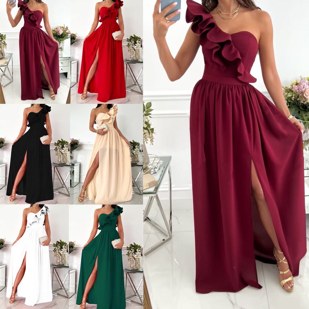 独立站亚马逊爆款 无袖荷叶边下摆开叉欧美女装连衣裙女