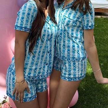 刺绣2025跨境新款Pink Palm Pajamas in Twilight家居服套装