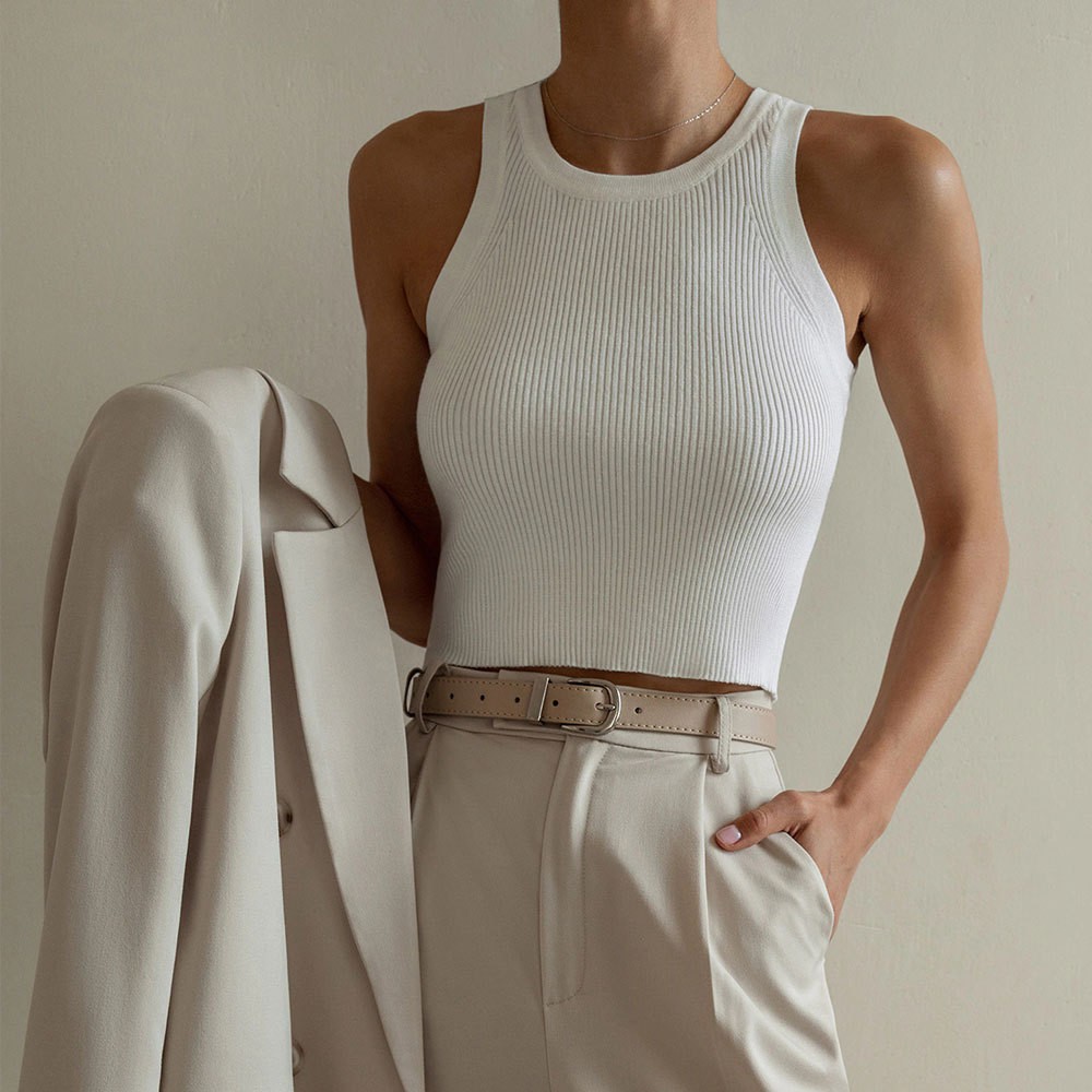 跨境 针织背心女欧美夏季纯色修身螺纹内搭上衣短款背心