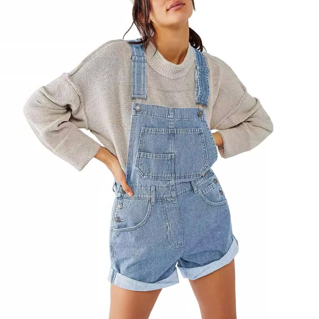 欧美跨境亚马逊 独立站纯色宽松多口袋牛仔背带裤女