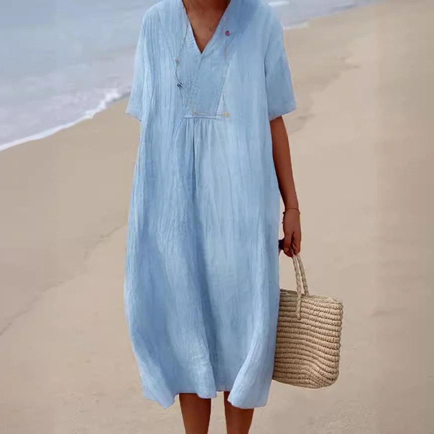 现货跨境新品春夏季新款女装百搭热卖爆款休闲显瘦裙子纯色棉麻