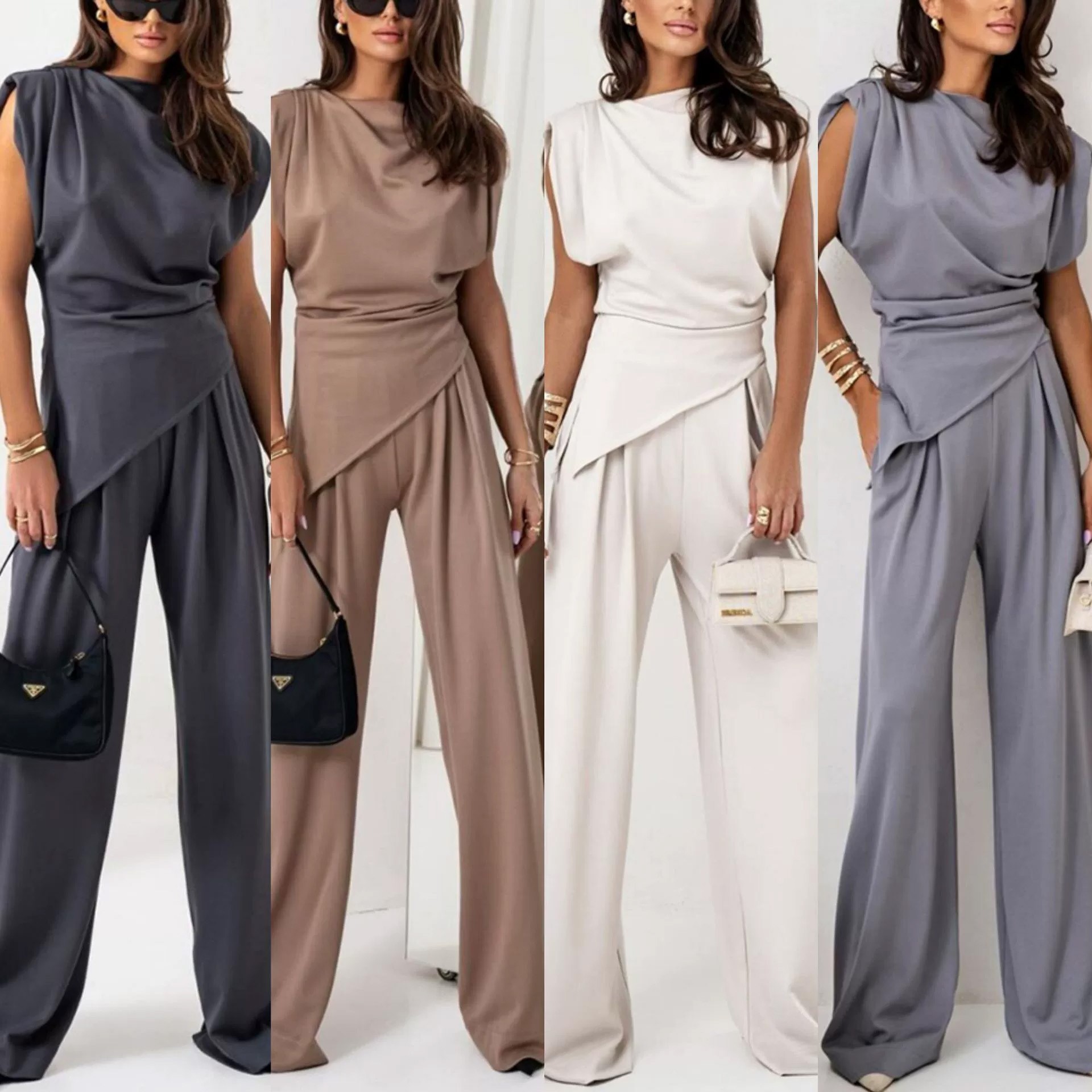 外贸女装欧美跨境夏季新品独立站速卖通时尚纯色不规则短袖套装