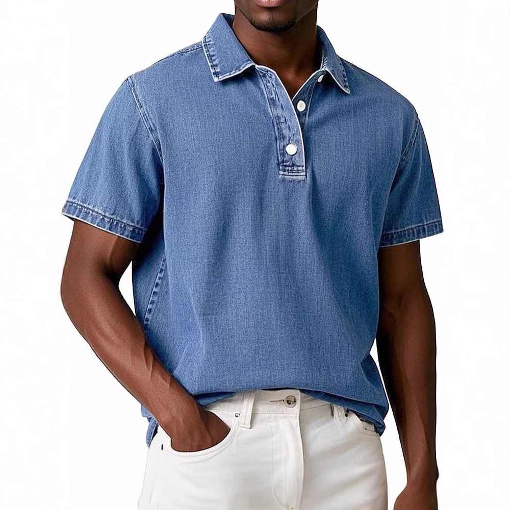 新款跨境外贸亚马逊独立站男士时尚纯色复古短袖翻领衫