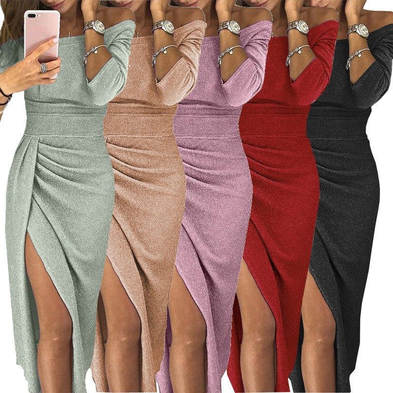 跨境爆款 春夏新款色码性感一字肩开叉连衣裙长裙#,个性定制/设计服务/DIY,连衣裙加工定制,淘宝优惠券,粉丝福利购,淘宝优惠卷