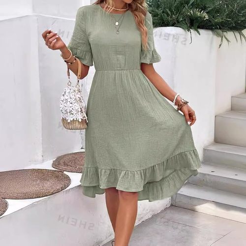 春夏 亚马逊跨境欧美新款女装时尚休闲系带短袖连衣裙女