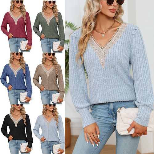 亚马逊秋季新款欧美外贸女装领花边宽松坑条磨毛宽松长袖恤