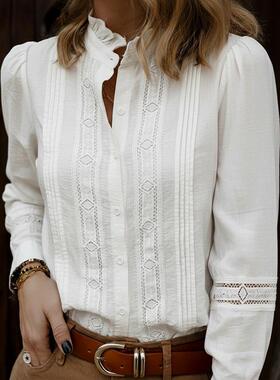 Artistic lace stand up collar shirt文艺风花边立领白色衬衫女